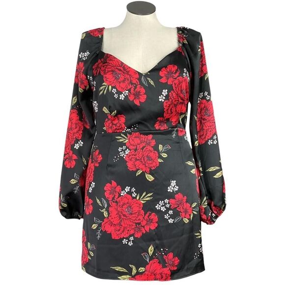 Lulus Dresses & Skirts - Lulus Mini Dress Women XL Black Red Satin Floral Invitation Long Puff Sleeve